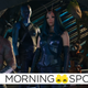 From left to right: Drax, Nebula, Mantis, Rocket, and Groot stand on the docking ramp of a spaceship, as Peter Quill looks up at them from the foreground.